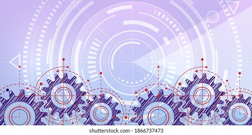 Technical drawing of gears .Rotating mechanism of round parts .Machine technology. Vector illustration.	