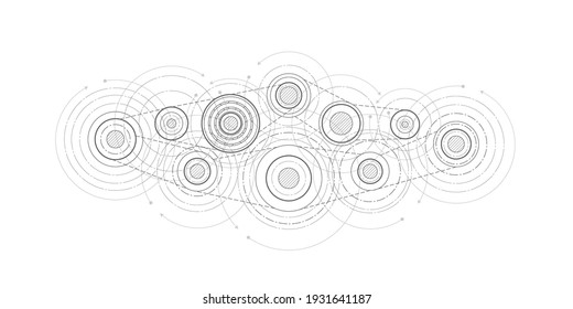 Technische Zeichnung der Zahnräder .Drehmechanismus der runden Teile. Schulphysik.Maschinentechnologie. Vektorgrafik.