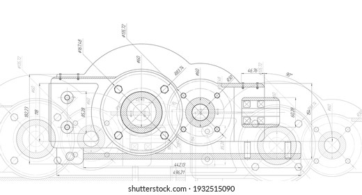 Technical Drawing Of Gears .Rotating Mechanism Of Round Parts .Machine Technology. Vector Illustration.