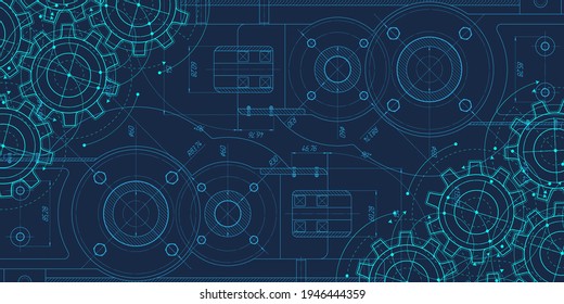 Dibujo técnico de los engranajes. Mecanismo de rotación de las piezas redondeadas. Física escolar. Tecnología de la máquina. Ilustración vectorial.