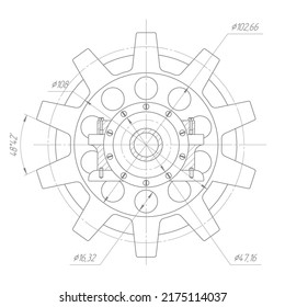  Dibujo técnico de engranajes .Mecanismo de rotación de piezas redondeadas .Tecnología de máquina. Ilustración vectorial.