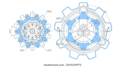 Technische Zeichnung der Zahnräder .Drehmechanismus der runden Teile .Maschinentechnik. Vektorgrafik.	