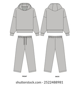 Technical drawing of gray color tracksuit, front and back view, vector. Sketch of basic hoodie with long sleeve. Sketch of straight sweatpants with drawstring.