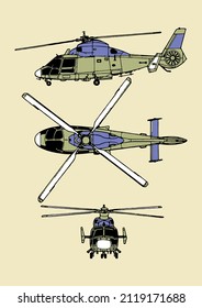technical drawing of a helicopter, side, top and front view