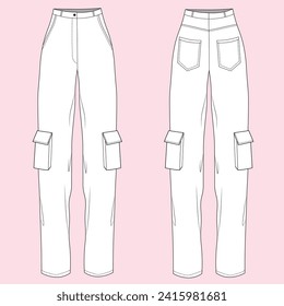 Technical Drawing of High Waist Cargo Pants. Vector drawing, flat drawing. Front and back view.