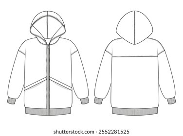 Desenho técnico de um moletom com capuz com um zíper frontal completo e bolsos de canguru segmentados, mostrados nas vistas frontal e traseira.