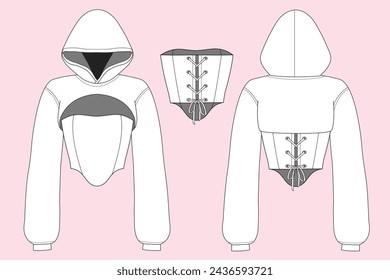 Technical Drawing of Hoodie Croptop Corset front and back view. Flat design.