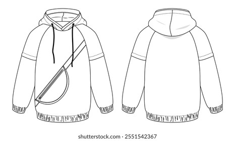 Desenho técnico de um capuz com cordões deslizantes e uma bolsa dianteira, mostrados em vistas dianteiras e traseiras. Possui costuras contrastantes para detalhamento de design.