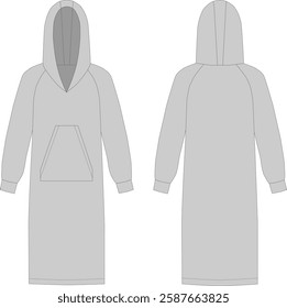 Technical drawing of a hoodie dress with a hood and a front kangaroo pocket.
Technical illustration of casual wear, front and back view, CAD mockup.