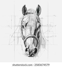 Technical drawing of a horse's head with precise details.