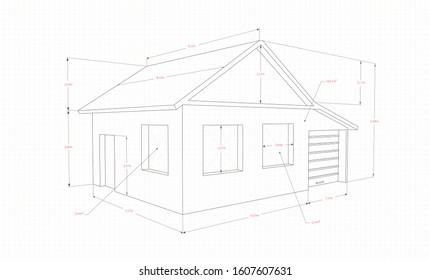 Technical drawing of a house with a garage, 3D perspective, with size indicators and red numbers, bright background
