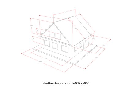 Technical drawing of the house with indicators of size, information