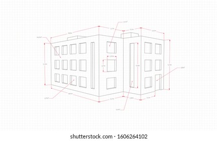 Technical drawing of the house, three floors with windows on a white background with red size indicators, on a white sheet white background