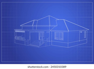 Technical drawing of a house, white lines on a blue background. Graph paper, engineering diagram. Vector illustration