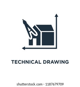 Technical drawing icon. Black filled vector illustration. Technical drawing symbol on white background. Can be used in web and mobile.