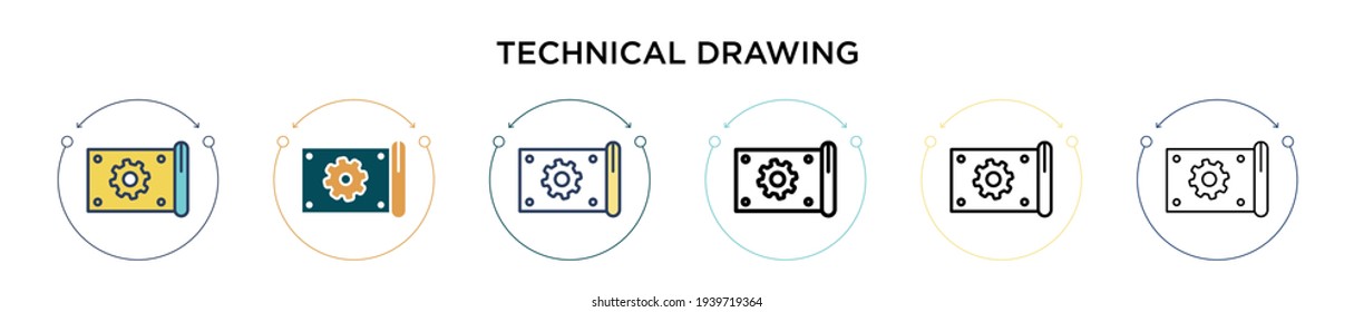 Technical drawing icon in filled, thin line, outline and stroke style. Vector illustration of two colored and black technical drawing vector icons designs can be used for mobile, ui, web