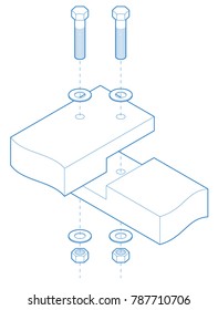 Technical drawing illustration. Connecting and fastening two pieces by 90 degrees angle. Assembly instruction.