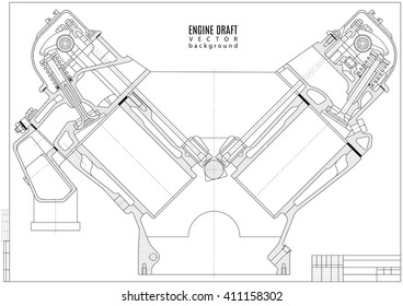 technical drawing of internal combustion engine in transverse cut, construction project or plan with horizontal frame isolated on the white background. stock vector illustration