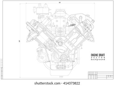 technical drawing of the internal combustion engine in cross-sectional view, construction project or plan with horizontal frame isolated on the white background. stock vector illustration