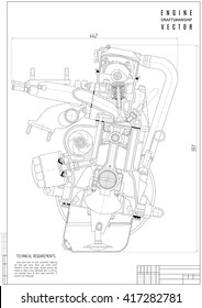 technical drawing of the internal combustion engine in cross-sectional view, construction project or plan with vertical frame isolated on the white background. stock vector illustration