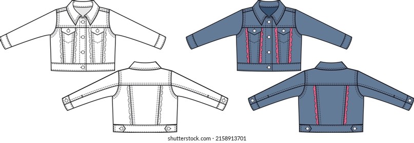 Technical drawing. Jeans jacket modern style fashion light blue denim stylish coats. Long Sleeves, Button Fastening Front, Two Pockets On The Front, Trendy Fashion Denim Jeans Jackets. 