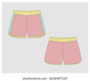 technical drawing of kids fashion sports shorts front and back view mockup template