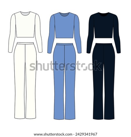 Technical drawing of a knitted suit, front and back views. Outline Drawing of a top with long sleeves and straight trousers, white, blue, black. Illustration of fashionable pajamas for women, vector.