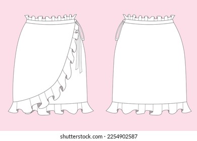 Technical Drawing of Knot Side Ruffle Trim Wrap Mini Skirt. Fashion design, flat drawing, fashion illustration. Front and back view.