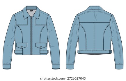 Dibujo técnico de chaqueta de mezclilla con cremallera azul claro