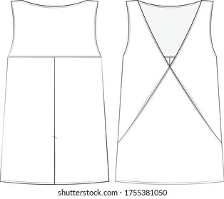 technical drawing for a light summer blouse without sleeves with pockets in the front seams