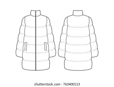 Technical drawing of long down jacket for women.