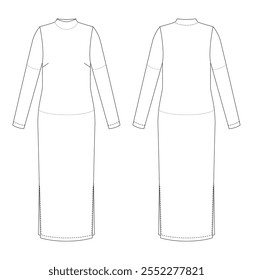 Technical drawing of a long sleeve dress with a mock neck, displayed in front and back views. Features a form-fitting silhouette and mid-calf length.