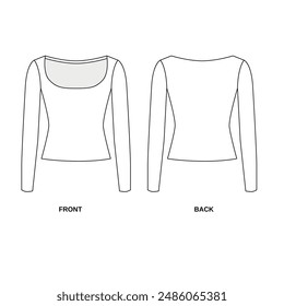 Technical drawing of long sleeve sweater with round neck. Sketch of a top made of stretch fabric front and back view. 