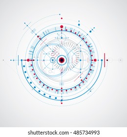 Technical drawing made using dashed lines and geometric circles. Vector wallpaper created in communications technology style, engine design in blue color.