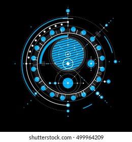 Technical drawing made using dashed lines and geometric circles. Blue vector wallpaper created in communications technology style, engine design