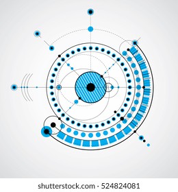 Technical drawing made using dashed lines and geometric circles. Vector blue wallpaper created in communications technology style, engine design. 