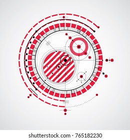 Technical drawing made using dashed lines and geometric circles. Red vector wallpaper created in communications technology style, engine design. 