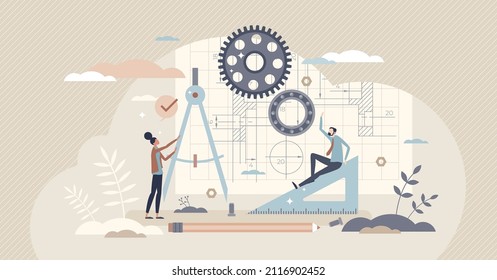 Technical drawing with mechanical blueprint design sketch tiny person concept. Engineering or architect work with geometrical figures for tech project vector illustration. Draft development process.