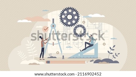 Technical drawing with mechanical blueprint design sketch tiny person concept. Engineering or architect work with geometrical figures for tech project vector illustration. Draft development process.