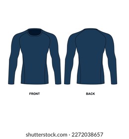 Technical drawing of a men's crew neck jersey. Rashguard vector template front and back view. Sketch of a sports jacket with long sleeves made of stretch fabric. Blue color sweatshirt drawing, vector.