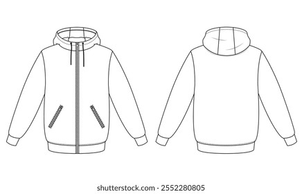 Dibujo técnico de una chaqueta con capucha para hombre con cremallera en la parte delantera, bolsillos laterales y una capucha cómoda. Muestra vistas frontal y posterior.