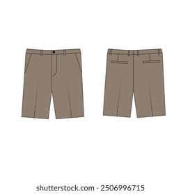 Dibujo técnico de pantalones cortos de traje hasta la rodilla para hombre, Vector. Ilustración vectorial de shorts rectos clásicos con bolsillos en la parte delantera y trasera. Boceto de pantalones cortos de verano en color beige.