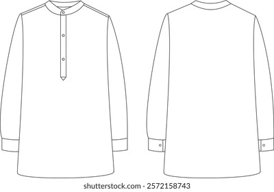 Technical Drawing of Men's Long Gamis Dress with Modest Design, Flat Sketch, and Fashion Illustration