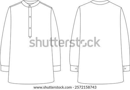 Technical Drawing of Men's Long Gamis Dress with Modest Design, Flat Sketch, and Fashion Illustration