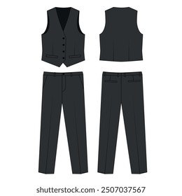 Technical drawing of men's suit in gray color, vector. Sketch of buttoned vest and straight pants, front and back view. Vest and pants template, vector.