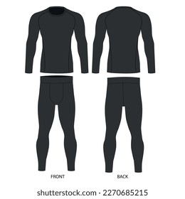 Technical drawing of a men's suit made of gray colored stretch fabric, vector. Superman costume, vector drawing. Long sleeve and leggings sketch for men, front and back view.