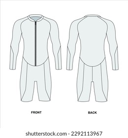 Technical drawing of a men's suit for triathlon, cycling, diving. Cycling jersey with front zip. Triathlon suit, front and back view. Outline drawing of a male wetsuit, vector.