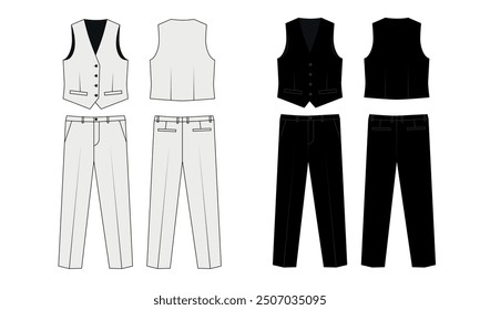 Technical drawing of men's suit white and black colors, vector. Sketch of buttoned vest and straight pants, front and back view. Vest and pants template, vector.