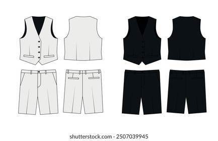 Dibujo técnico del traje de verano de los hombres en colores blanco y negro, Vector. Bosquejo de chaleco abotonado y pantalones cortos rectos hasta la rodilla, vista frontal y trasera. Patrón de chaleco y pantalones cortos, Vector.