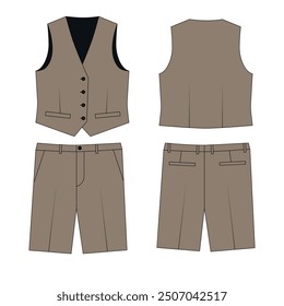 Dibujo técnico del traje de verano de los hombres color beige, Vector. Bosquejo de chaleco abotonado y pantalones cortos rectos hasta la rodilla, vista frontal y trasera. Plantilla de chaleco de verano y pantalones cortos, Vector.